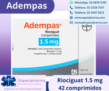 Adempas 1.5 mg (riociguat), caja con 42 tabletas. Tratamiento para hipertensión pulmonar. Venta en Especipharma.