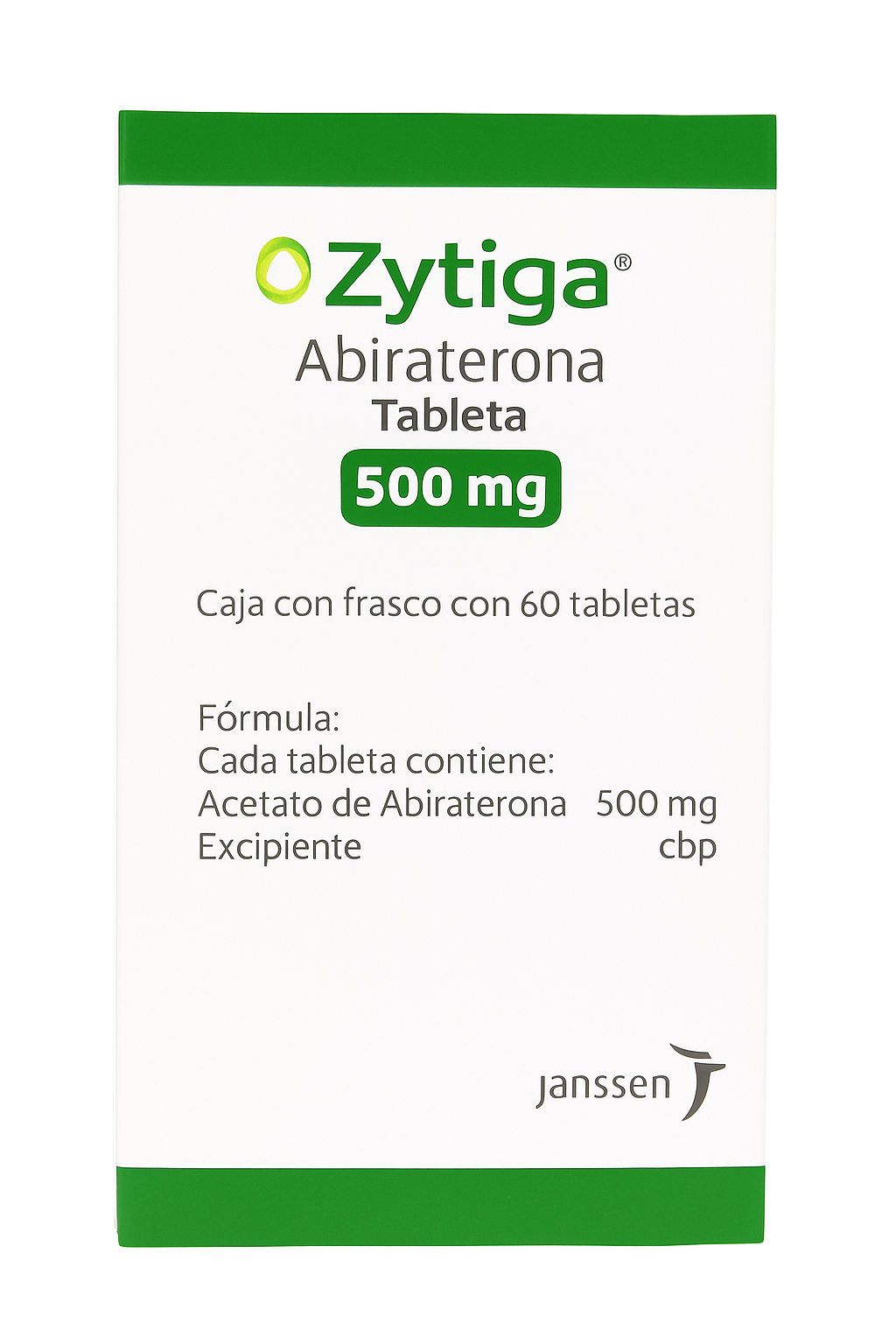 Caja de Zytiga 500 mg con 60 tabletas, medicamento oral de Janssen.