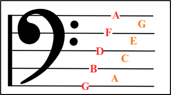 Bass clef on a music staff showing how to read lower notes for bass instruments and voices