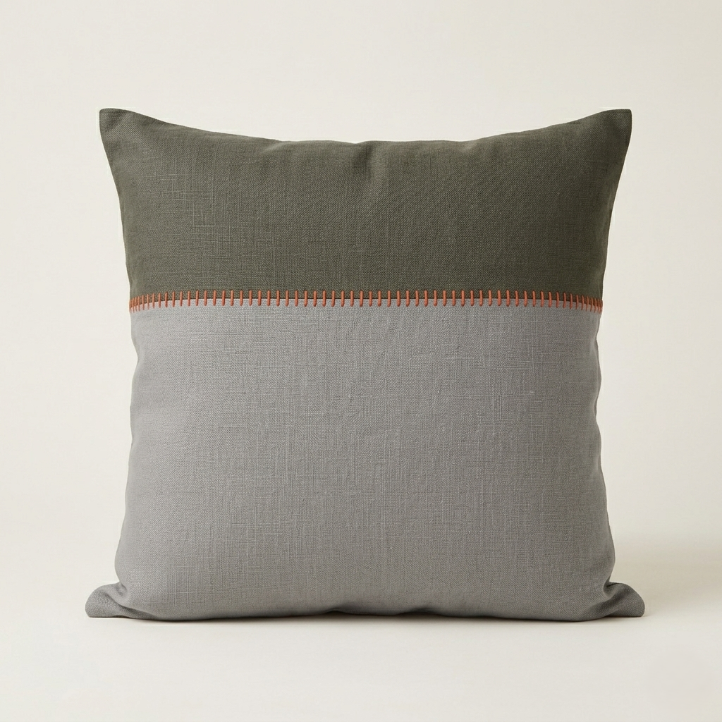 Linen Pillow - Orange Hemstitched / Grey Green  Color