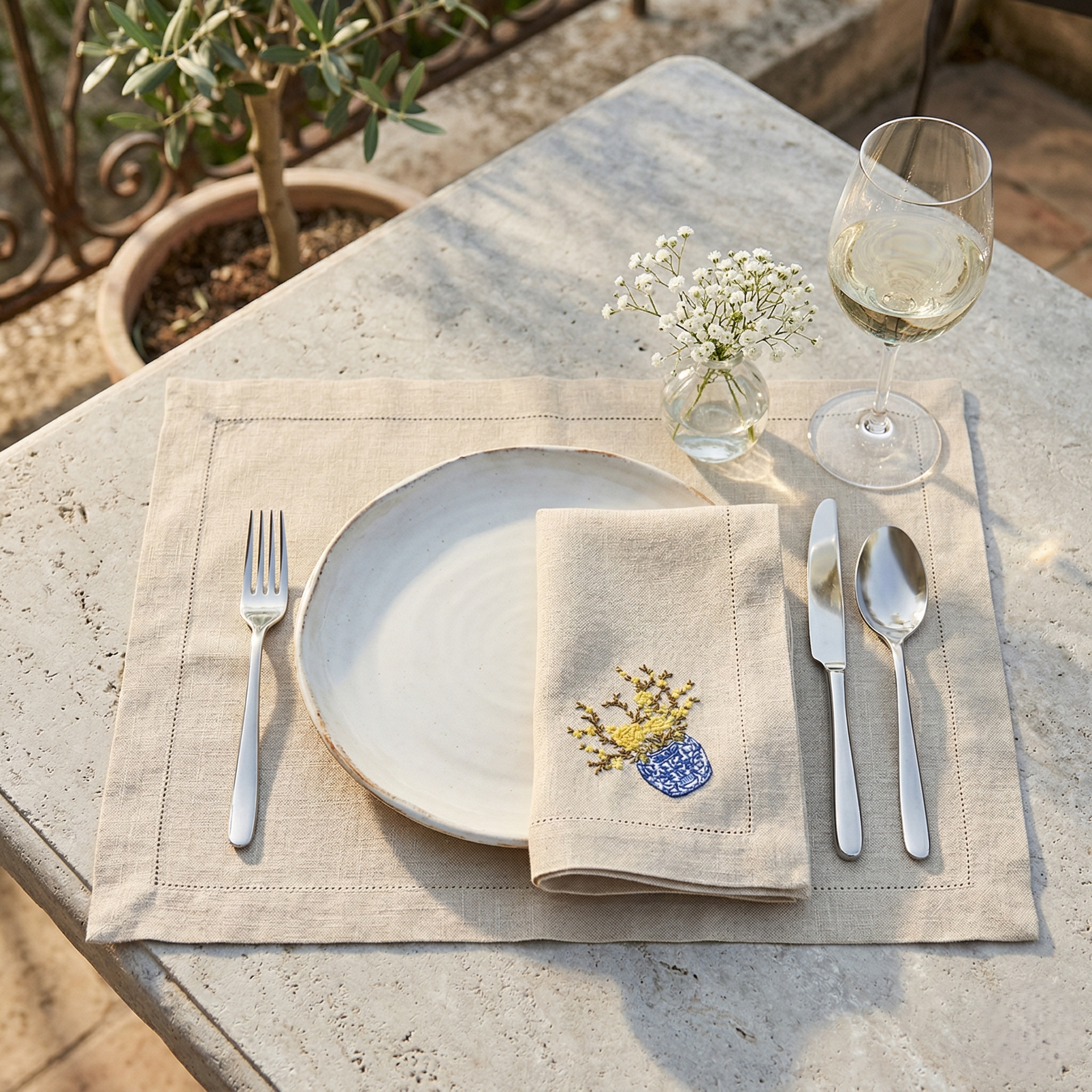 Linen Natural and Plain Placemat and Mimosa Napkin Set
