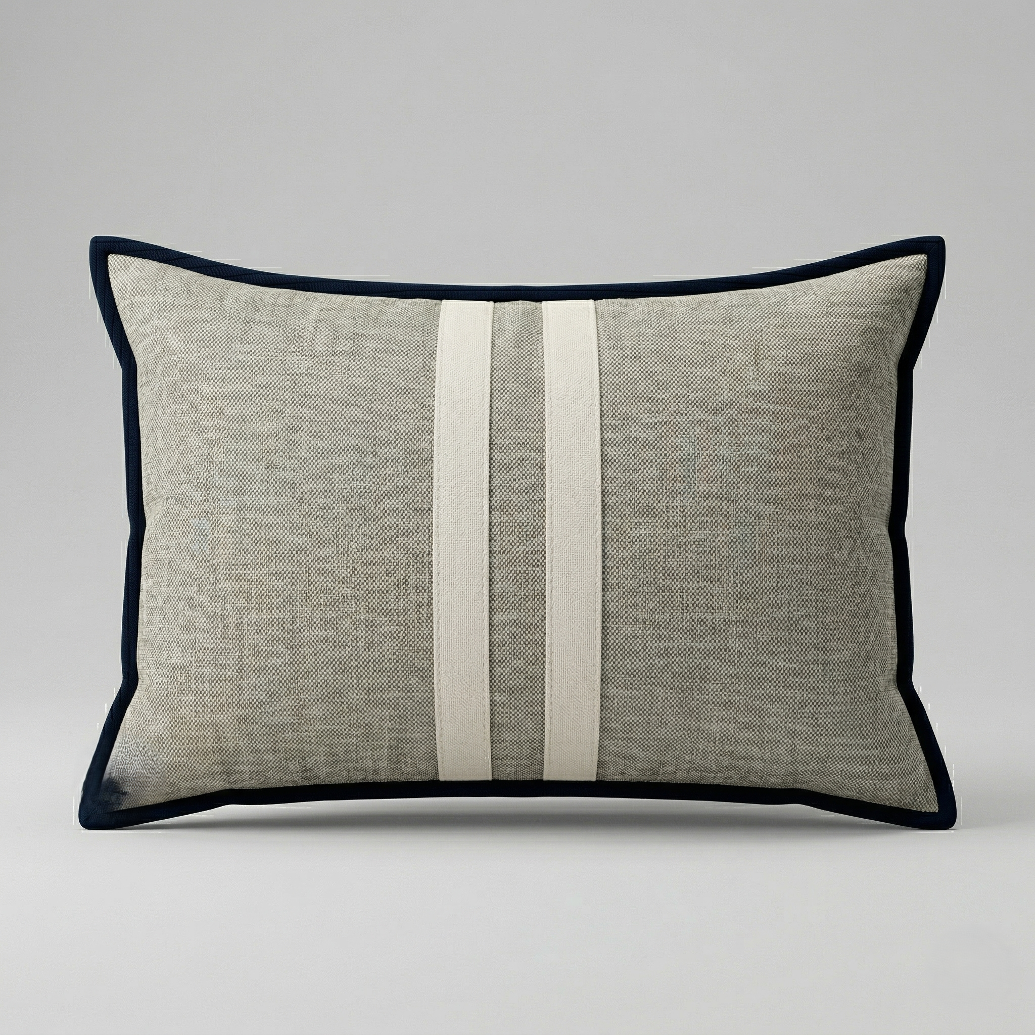 Sunbrella Rectangular Pillow - White Striped Navy Trimmed Stone Color