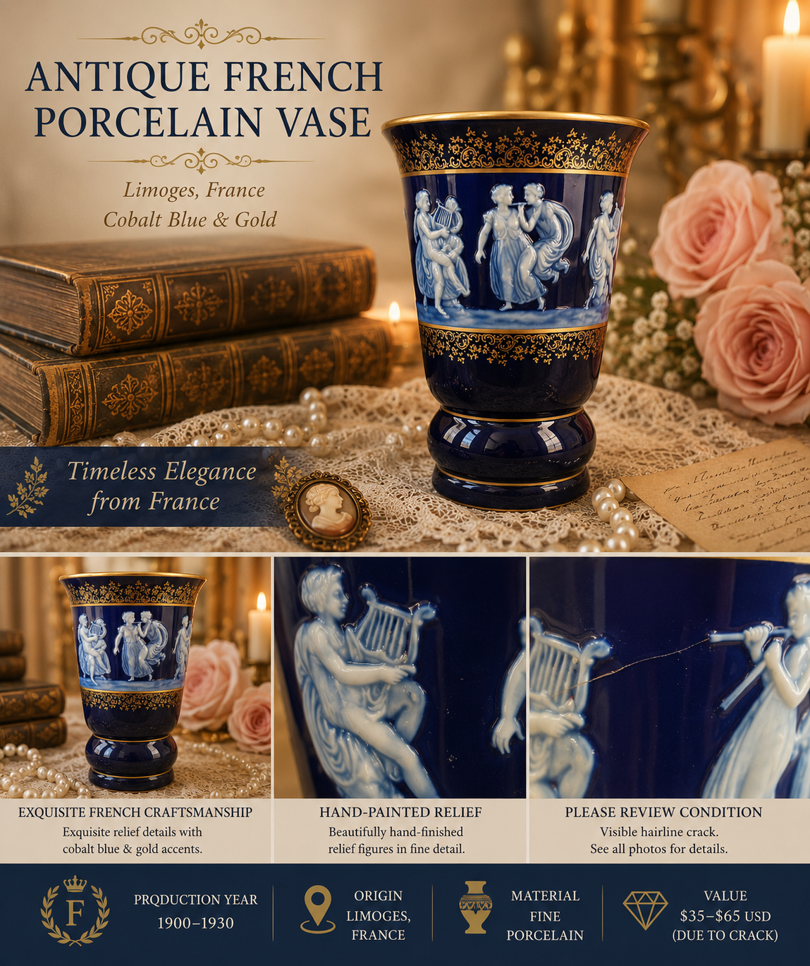 As Is ~ Antique Charaud Limoges France Cobalt Blue Porcelain Vase, Gold Gilt