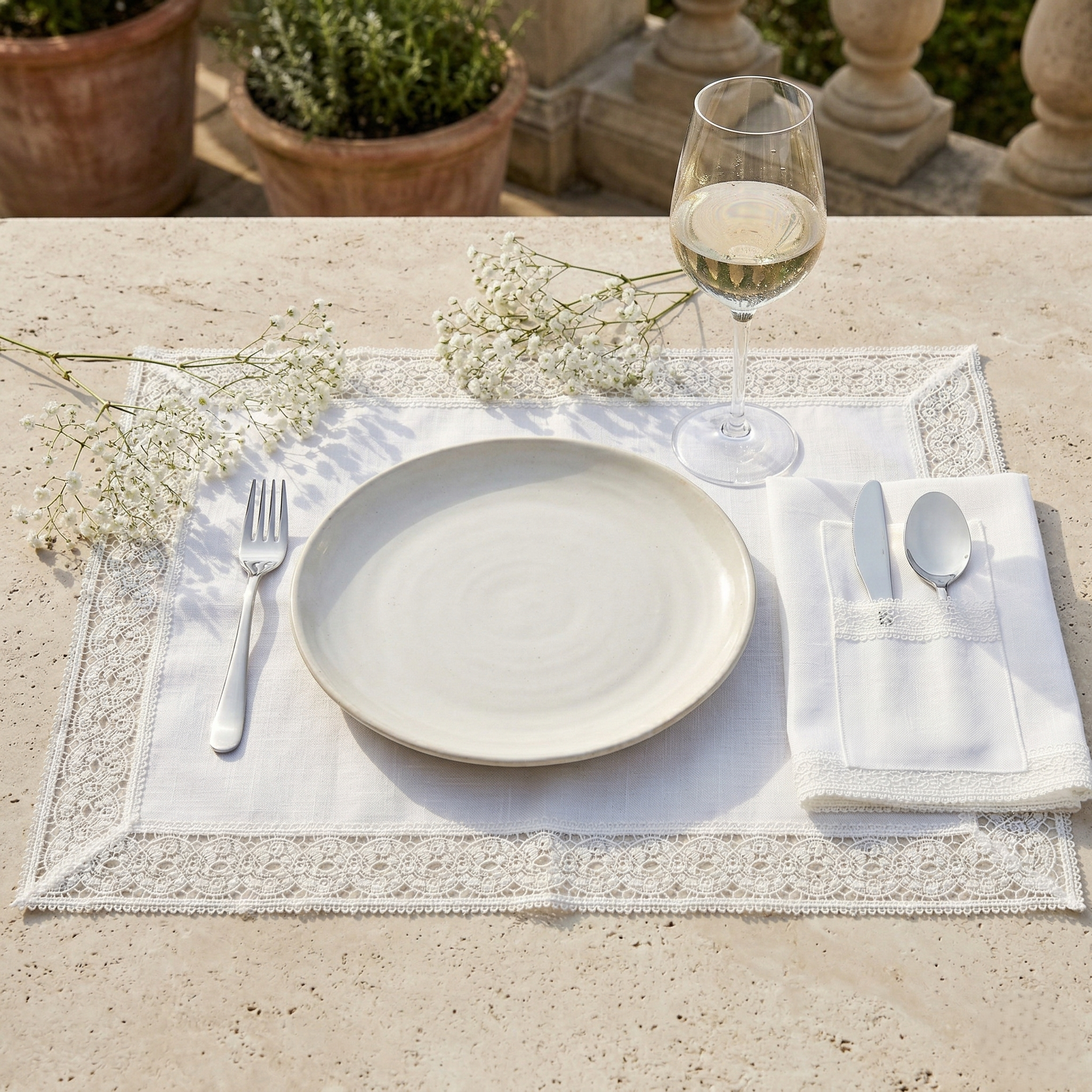 Voile Stone Placemat and White Napkin Set with Silverware Pocket