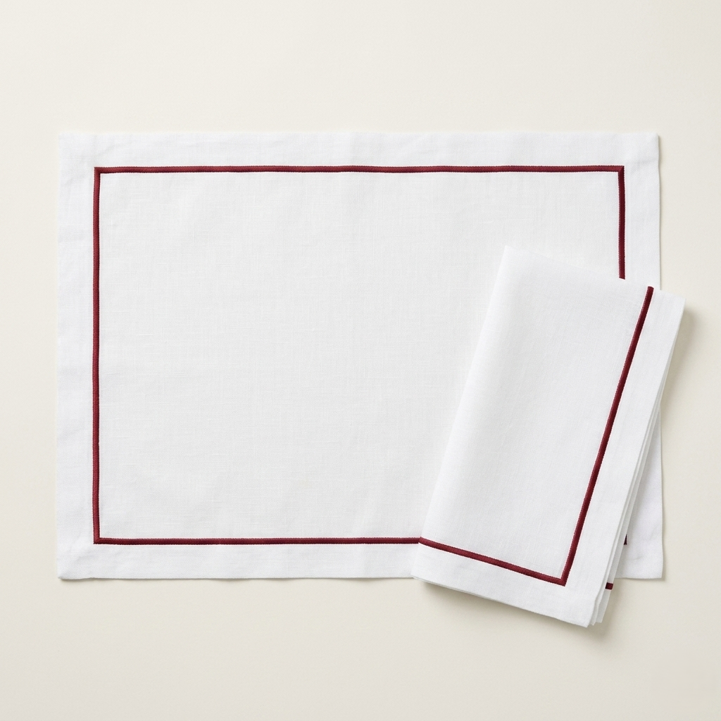 Linen White Red Pico Placemat and Napkin Set