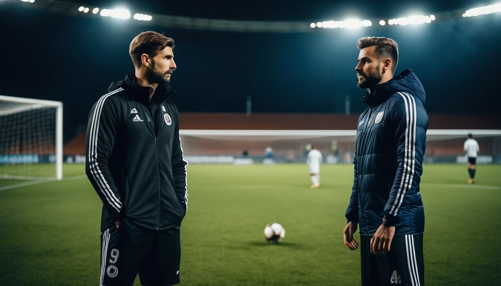 Fußballtrainer und Fußballspieler beim Gespräch über die Taktik