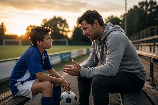 Ein Fußballtrainer spricht nachdenklich und motivierend mit einem jungen Fußballspiel