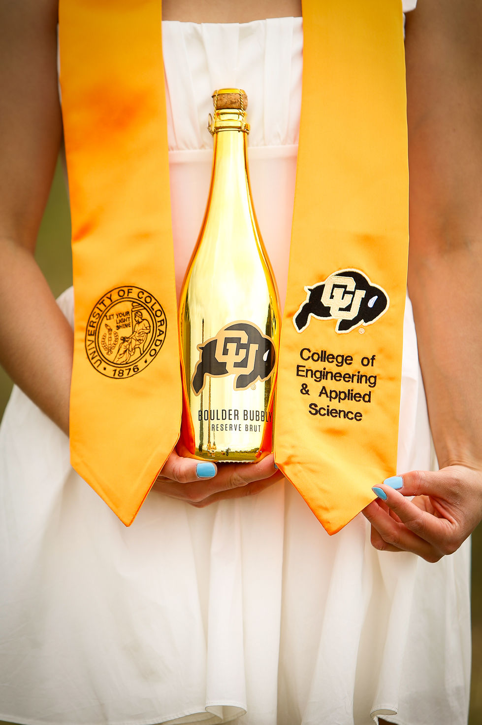 Champagne bottle for CU Boulder college graduation in Colorado