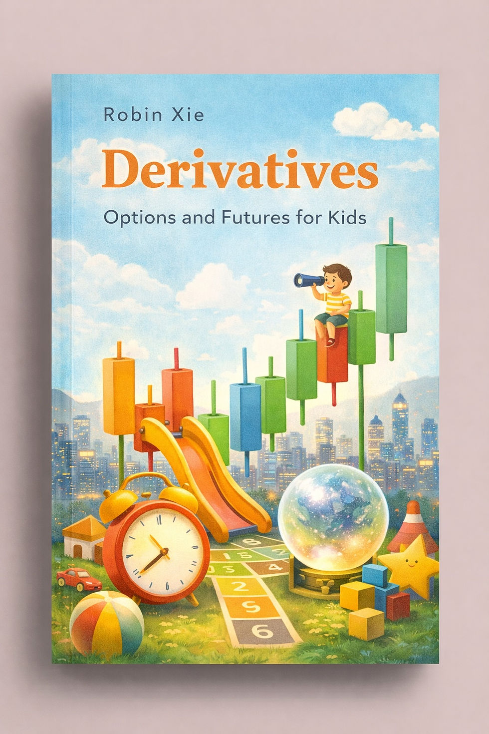 Book cover of “Derivatives: Options and Futures for Kids” by Robin Xie. Complicated financial derivatives concepts explained in simple language.