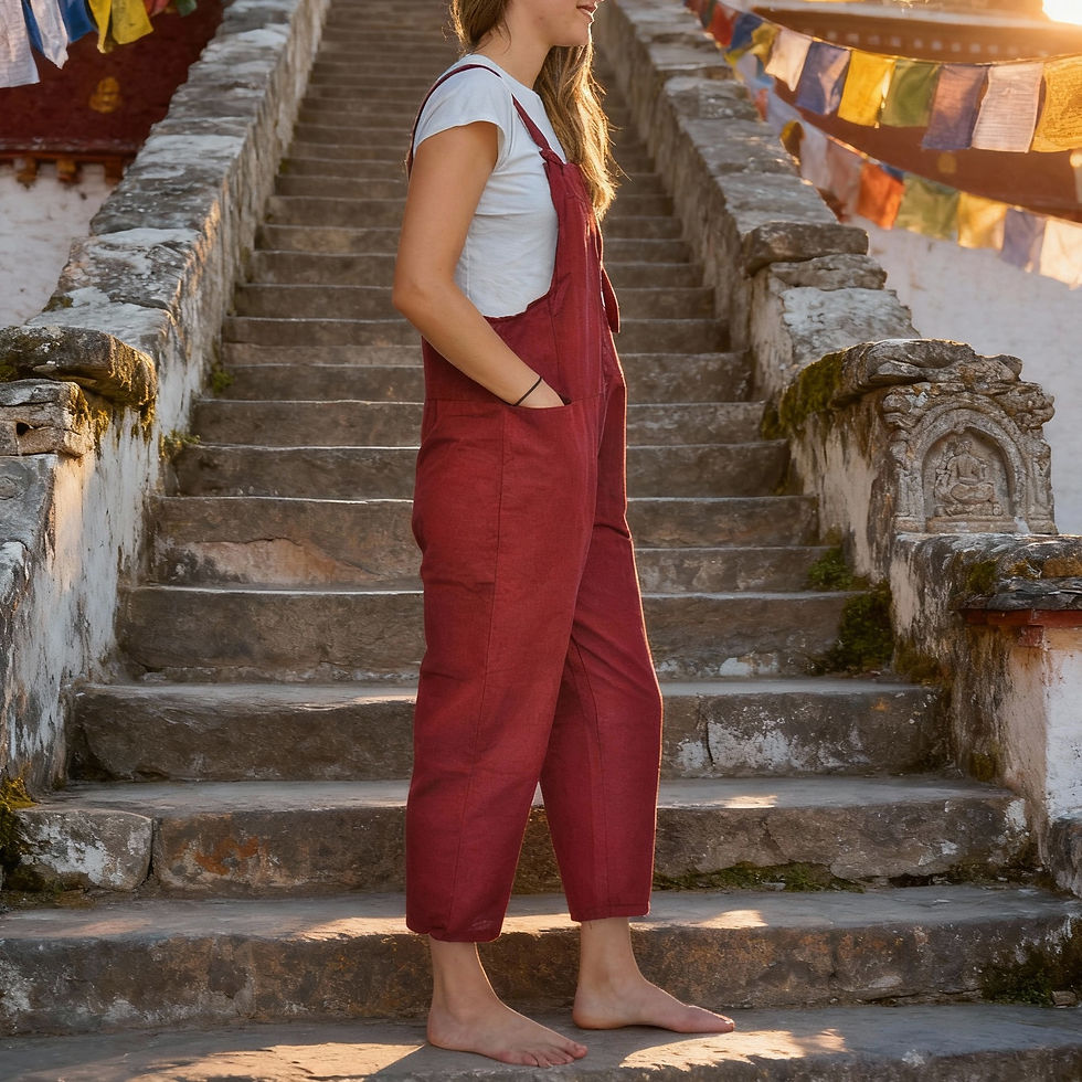 Thumbnail: Black Cherry Cotton Dungarees | Handmade in Nepal | One Size