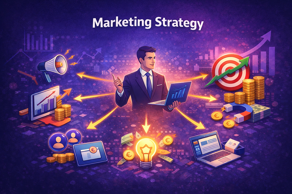 Εικονογράφηση marketing strategy που απεικονίζει τη στρατηγική λειτουργία του marketing μέσα σε μια επιχείρηση, με συνδεδεμένα κανάλια, ανάπτυξη, στόχους και οικονομικά στοιχεία σε σκούρο μπλε και μοβ φόντο.