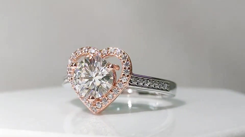 Thumbnail: 925 Sterling Silver 18k Rose Gold 1 Carat GRA Moissanite Love Heart Promise Ring