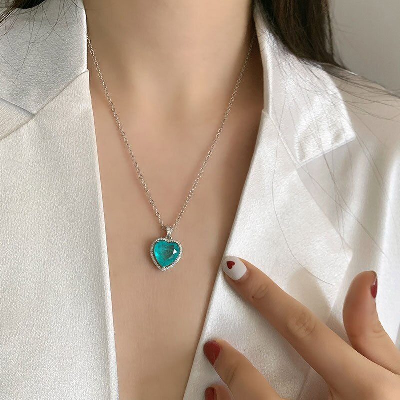 Прев'ю: Blue Heart-Shaped Lab Sapphire Pendant Necklace Fashion Wedding Gemstones 