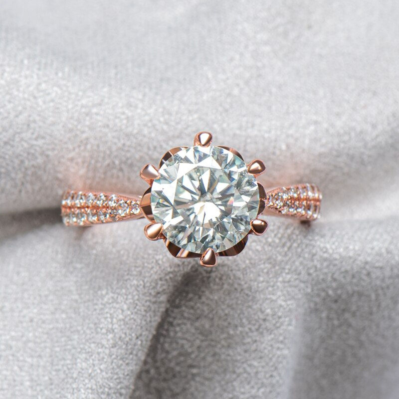 Прев'ю: Rose Gold 1.9ct Round Brilliant Cut D-E Grade Certified Moissanite Diamond Ring 