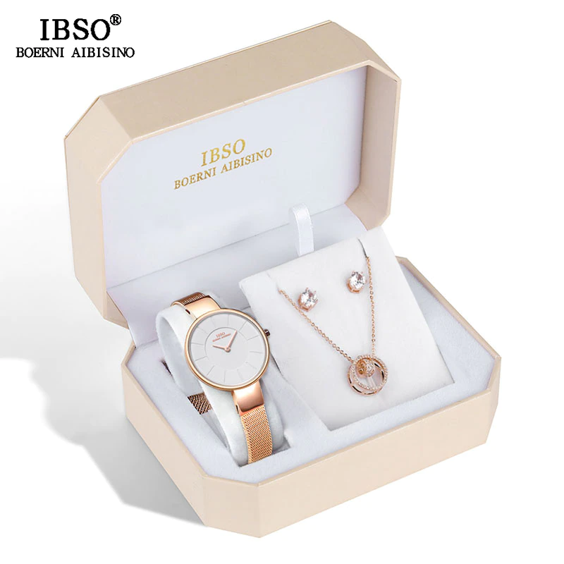 Miniaturbild: Rose Gold Watch Earring Necklace Set Jewelry Set Fashion Creative Crystal Quartz