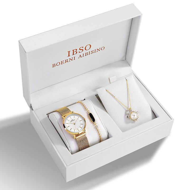 Miniature : Women Fashion 3pcs Set Luxury Gold Mesh Watch Zircon Bracelet Japan Quartz