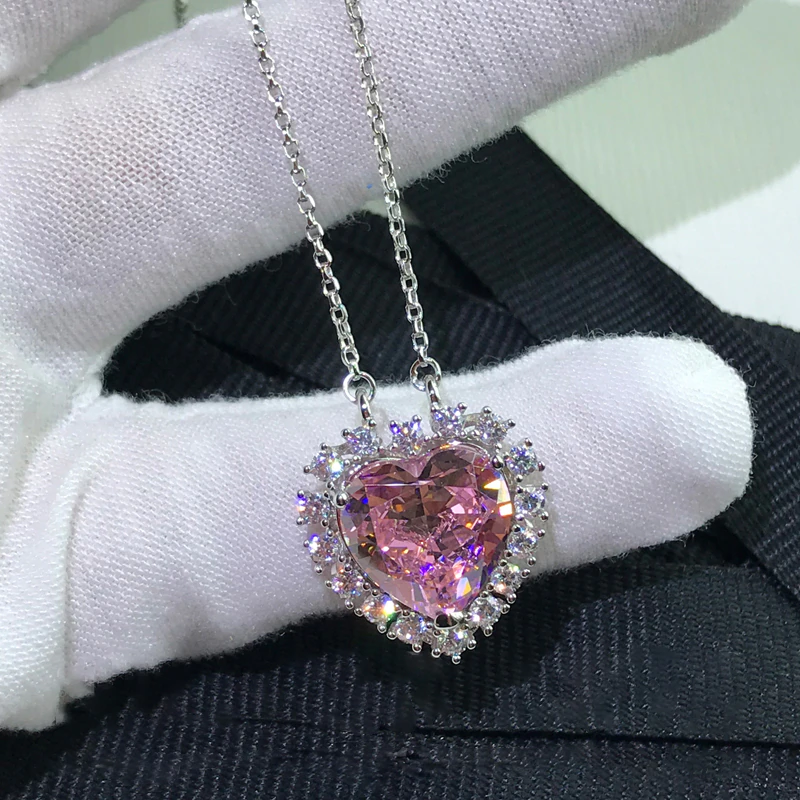 Miniature : Classic 925 Sterling Silver Pink Heart Shape Necklace Lab Created Sapphires