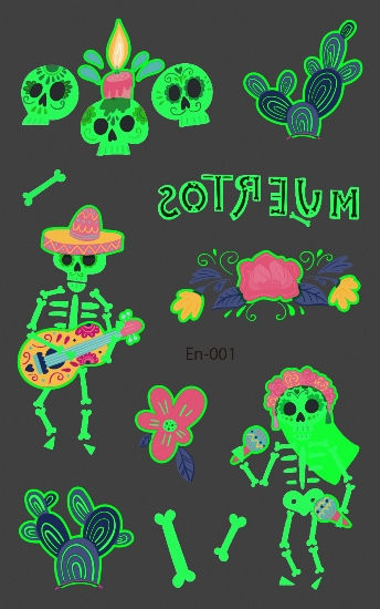 Glow in the dark day of the dead temporary tattoo mexican music