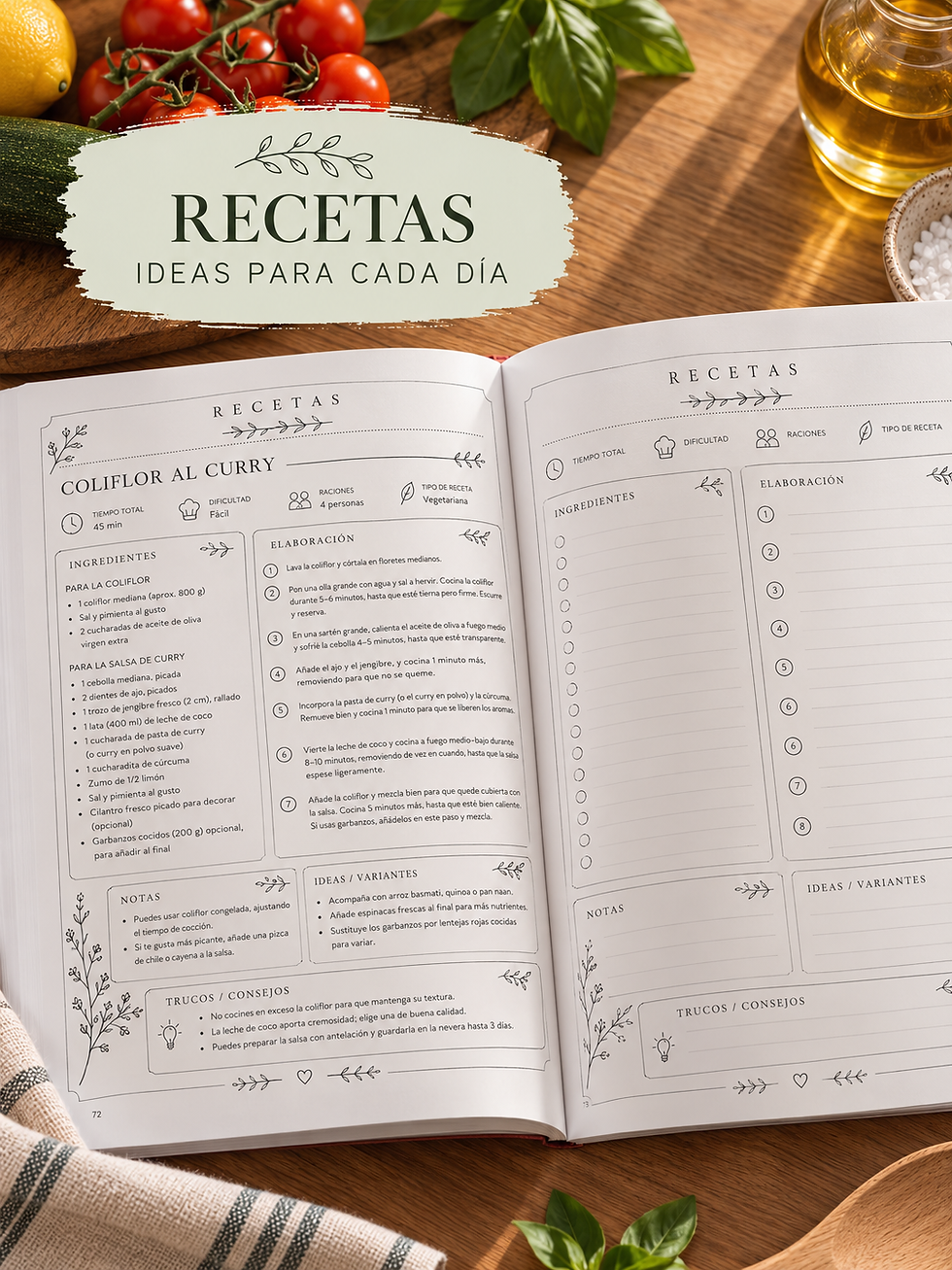 Recetas del Planificador de Menús y Batch Cooking: receta de coliflor al curry y plantilla para recetas propias