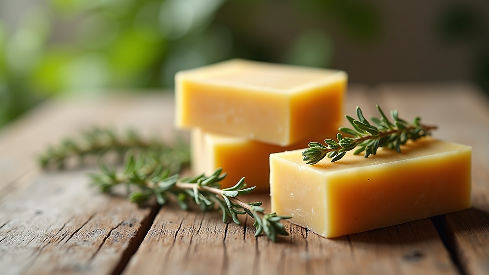 Close-up view of natural soap bars with herbs on wooden surface