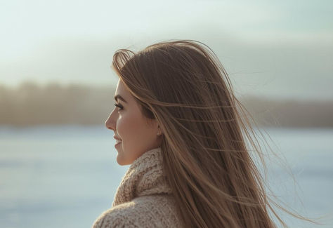 Woman in a beige sweater looks out over a snowy landscape. Her hair blows in the wind, conveying a serene mood in soft, natural light.