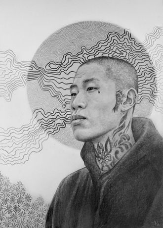 Holly Perry Fine Art Print. Portrait of a tattooed Japanese man. Geometric art background. Black & White Art.