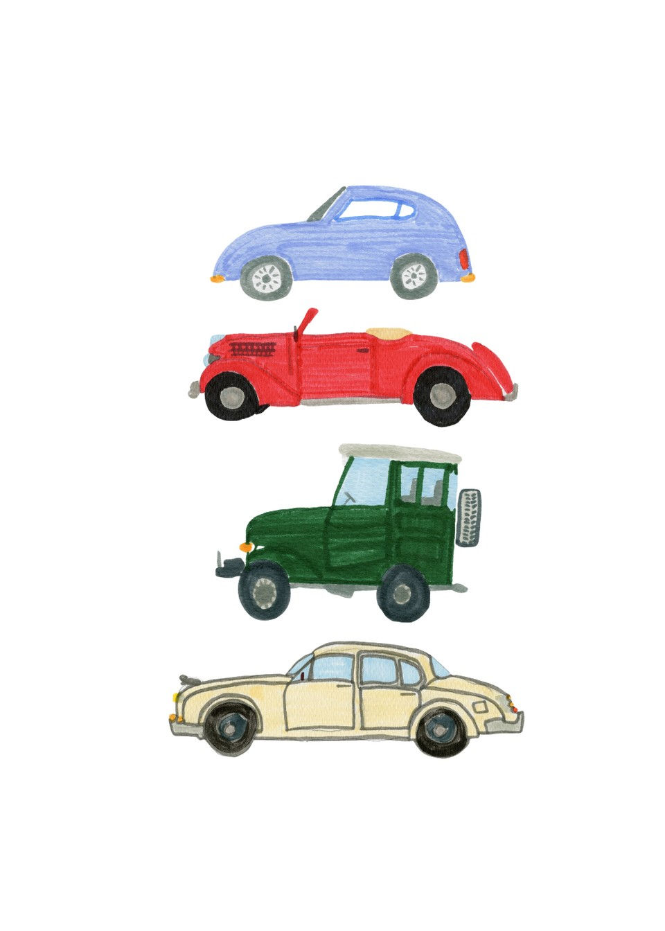 Classic Cars Collage Card – hand-drawn A6 greeting card by Dessie Designs