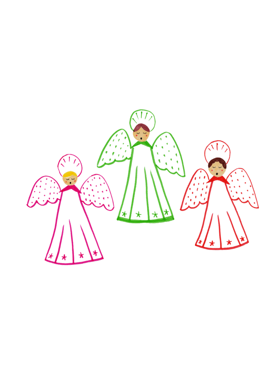 Three Christmas Angels Card – hand-drawn A6 greeting card by Dessie Designs