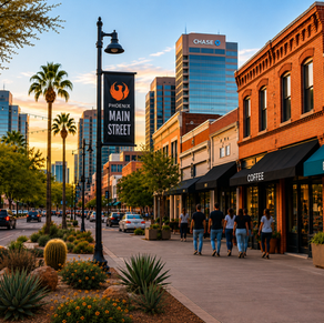 Phoenix Main Street business district at sunset with brick storefronts, desert landscaping, palm trees, and downtown Phoenix skyline in Arizona.