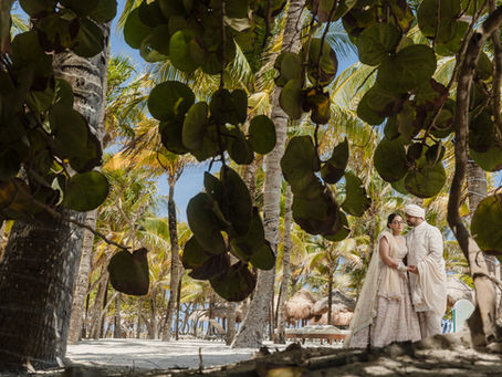 Romantic Indian wedding portrait under palm trees at Grand Palladium Riviera Maya featuring bride in pastel lehenga and groom in ivory sherwani during their destination wedding in Mexico