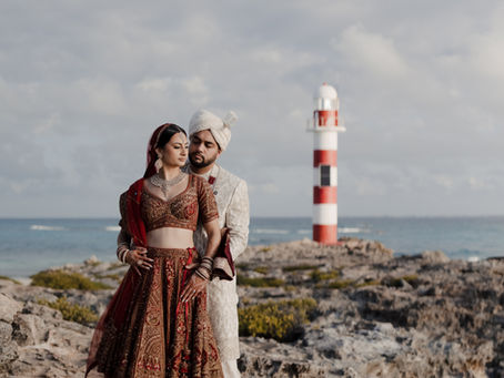 Luxury Indian wedding at Hyatt Ziva Cancun with portraits by the iconic lighthouse, gazebo ceremony, and oceanfront reception.