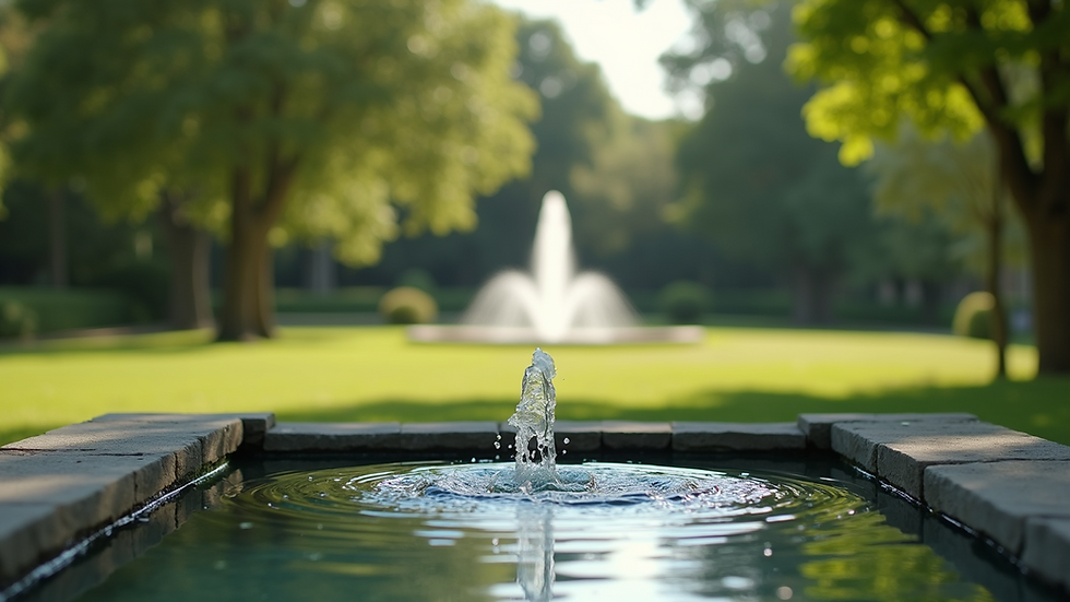 Eye-level view of a peaceful garden with a small water fountain