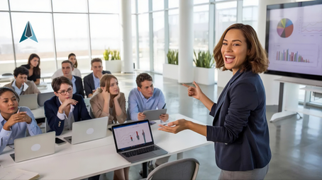 A smiling woman speaking to a group of professionals conveying the need to present and be visible to develop a personal brand.