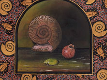 Humbolt Still Life: Brown Ammonite Fossil, Dried Pomegranate, & Green Beetle
