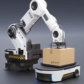 An autonomous mobile robot (AMR) navigating through a warehouse environment