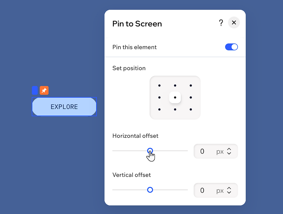 A screenshot of the Wix Harmony Editor - Pin to screen