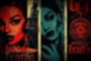Artistic image of two women and Graphic Traffic text over a dark background