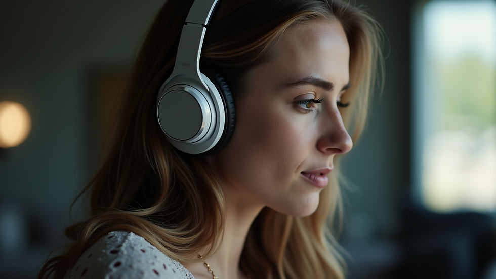 Close-up view of a woman using headphones while streaming music
