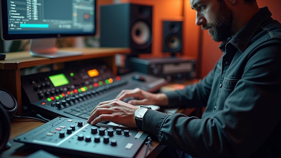 High angle view of a mastering engineer working with audio equipment
