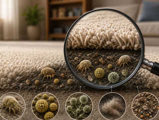 magnifying glass observing the hidden allergens, dust mites, dirt and germs in your carpet fibers