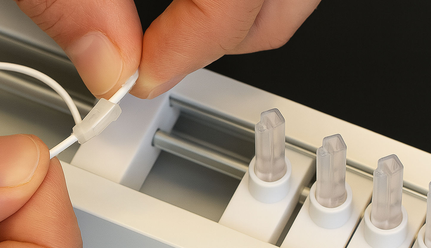 Close-up of hands working on repairing a blind rail