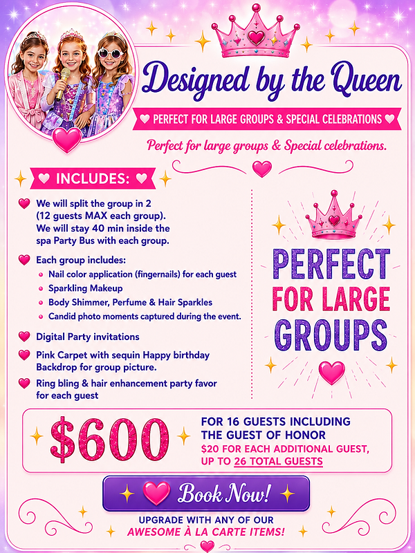 Spa Party package for a birthday party for large groups with our mobile spa party bus in Houston and surrounding areas with nail polish, makeup, party rentals