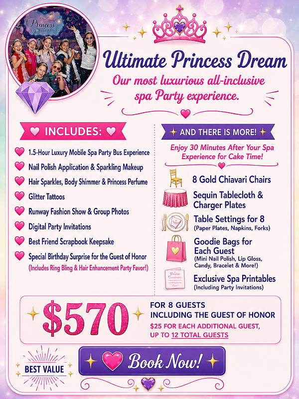 Spa Party package for girls birthday partis inside our Mobile Spa Party Bus with pampering, fashion show, manicure,nail polish, makeup and party rentals, decorations, chairs in Houston and surrounding areas.