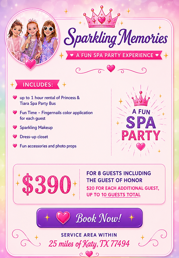 Princess & Tiaras Mobile Spa party bus for girls birthday parties in Houston, Party package that includes manicures, facials, fashion show and makeup in houston and surrounding areas