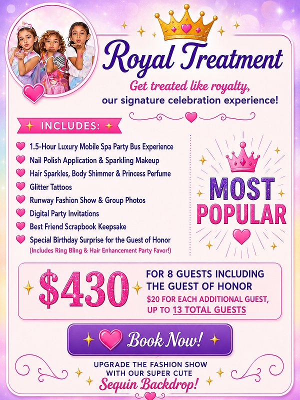 Spa Party package for girls birthday partis inside our Mobile Spa Party Bus with pampering, fashion show, manicure,nail polish, makeup and party rentals in Houston and surrounding areas.