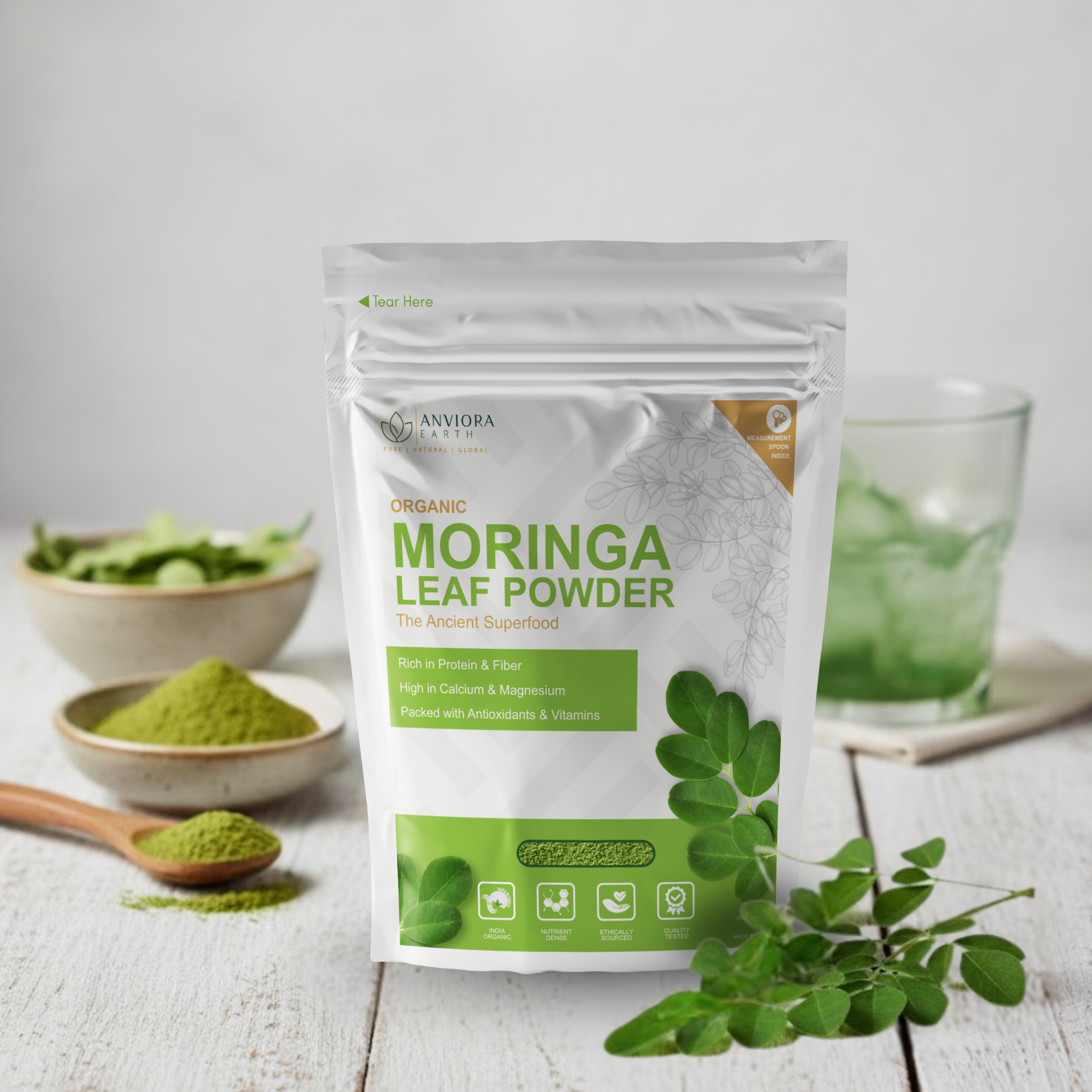 Anviora Earth Organic Moringa Powder - Pure Leaf, Nutrient-Dense (200g)