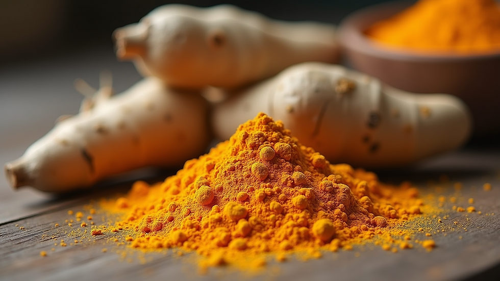 Close-up view of turmeric root and powder on a wooden table