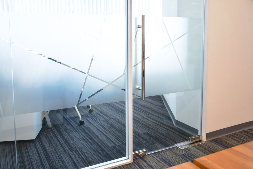 Conference room with decorative window film installed for privacy