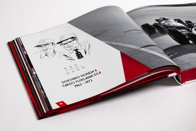 Mise en page et illustrations pour Voyage en zone rouge tome 2 l'histoire sportive Honda, beau livre d'exception, grand prix du livre automobile et des mobilités 2023.