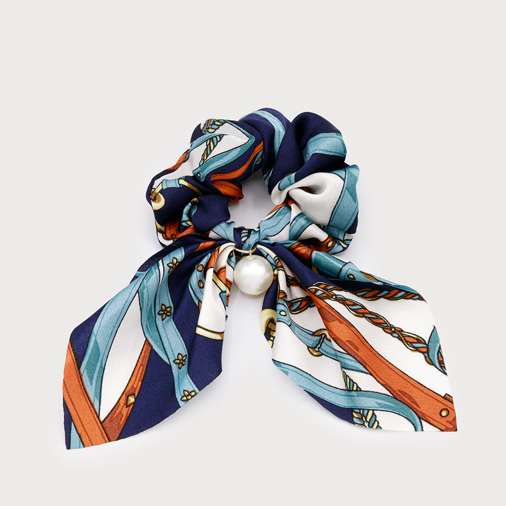 Chouchou foulard satiné, Caracol, avec perle, bleu et orange